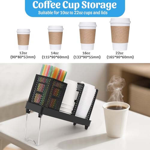 Coffee Cup Dispenser with Straws Holder, Plastic Coffee Cup and Lid Holder, 5-20oz Disposable Paper Cups Organizer for Countertop, Station, Bar, Office, Restaurant, Breakroom(3 Compartments)