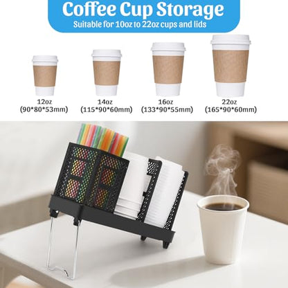 Coffee Cup Dispenser with Straws Holder, Plastic Coffee Cup and Lid Holder, 5-20oz Disposable Paper Cups Organizer for Countertop, Station, Bar, Office, Restaurant, Breakroom(3 Compartments)