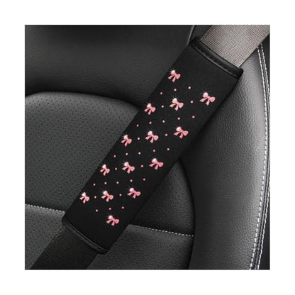 Bling Car Seat Belt Cover, 2PCS Rhinestone Cute Bow Comfort Vehicle Seatbelt Shoulder Pad, Diamond Automotive Interior Harness Neck Cushion Protector Accessories, Universal Fit (Pink)