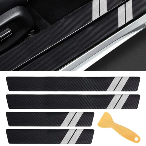 Car Door Sill Protector, Carbon Fiber Texture Threshold Sticker, Car Door Edge Guard with Scraper, Front/Rear Car Door Sill Protector Strip, Door Entry Guard Decoration Accessories (White, 5PCS) - color: White