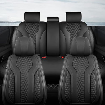 Leather Car Seat Covers Full Set, Breathable Faux Leather Seat Covers for Cars SUV Sedan Waterproof Black - color: Black