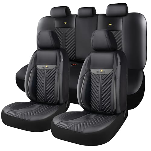PU Leather Car Seat Covers Full Set – Waterproof seat Cover for Cars，3D Foam Support Automotive seat Covers ，Airbag Compatible, Universal Fit for Cars SUVs Trucks Sedans（Black/Grey）