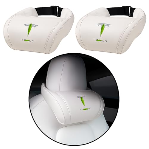 Car Headrest Neck Pillow Support Ergonomic, with Valve Stem Covers Accessory for Driving Seat Fatigue Relief Compatible with Model S X 3 Y & Cybertruck - 2 Pieces - color: B. White Ver. 4
