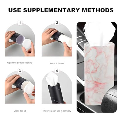 4 PCS Car Tissue Holder, Refillable Round Napkins Containers with Papers Inside, Convenient Travel Tissue Tubes Facial Paper Towel Cylinders for Vehicle Cup Holders (Marble Pink) - color: Marble Pink