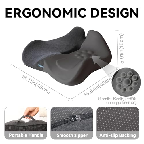 18x16 Inch Memory Foam Seat Cushion for Office, Travel, Car | Black Chair Cushions with Removable Washable Cover, Non-Slip Bottom and Carry Handle - color: Black
