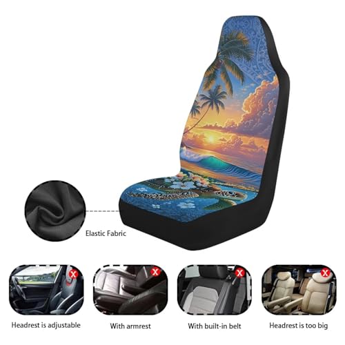 Dreaweet Tropical Themed Car Seat Covers Front Seats Only Universal 2 Piece Beach Sunset Turtle Print High Back Bucket Seat Covers for SUV Trucks Washable & Easy to Install - color: Beach Sunset Turtle