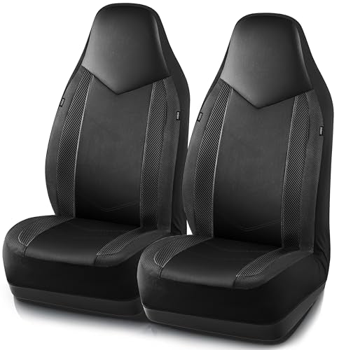 PIC AUTO Leather Car Seat Covers, Sports Carbon Fiber & Mesh Design, High-Back Two Front Set, Waterproof Automotive Seat Covers, Airbag Compatible, Universal Fit for Most Cars (Black & Black) - color: Black, size: Two Front