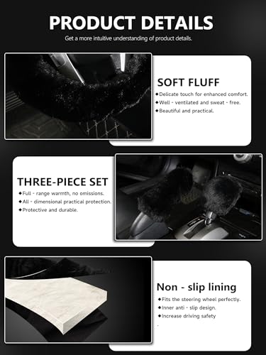Warm Steering Wheel Cover with Handbrake Cover & Gear Shift Cover, Soft Fazzy Steering Wheel Wrap Faux Wool Fluffy for Winter 3 Pcs1 Set Fit Most of Car(Black) - color: black