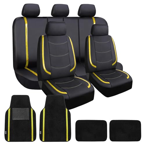 FH Group Galaxy13 Metallic Striped Deluxe Leatherette Car Seat Covers with Matching Carpet Floor Mats – Full Set, Universal Fit, Airbag Compatible for Cars, SUVs & Sedans, Yellow - color: Yellow