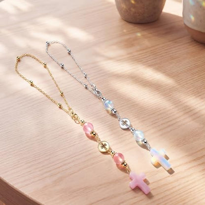 2 Pcs Cross Car Hanging Charms Cute Healing Stone Rear View Mirror Accessories Boho Handmade Sun Catcher Ornament Decor Crystal Protection Gift for Women