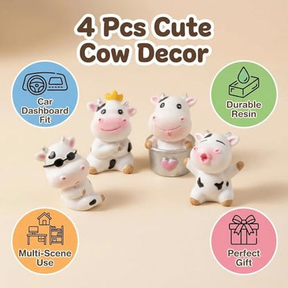 4 Pcs Mini Resin Dairy Cow Figurines, Cute Car Dashboard Decor, Funny Rearview Mirror Ornaments, Fairy Garden Landscape, Gift for Pet Lovers (White Dairy Cow)