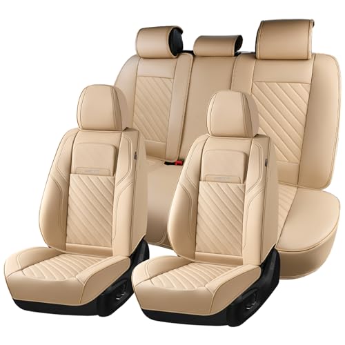 Coverado Car Seat Covers Full Set 5 Pieces, Luxury Nappa Leather Seat Covers Universal Fit Waterproof Non-Slip Breathable Front & Back Automotive Seat Protectors for Cars, SUVs, Trucks - color: Beige-0, size: FullSet