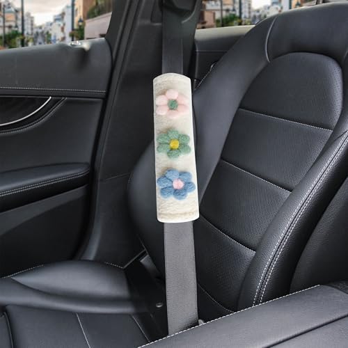 2-Pack Soft Seat Belt Covers Universal Car Shoulder Pad Cushions for Comfortable Driving & Bag Strap Protection White Fuzzy Flower (Blue, Green & Pink) - color: Blue Green Pink Flower