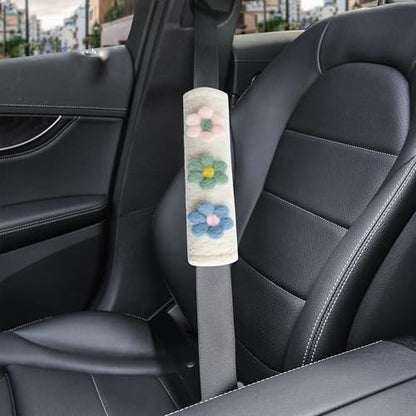 2-Pack Soft Seat Belt Covers Universal Car Shoulder Pad Cushions for Comfortable Driving & Bag Strap Protection White Fuzzy Flower (Blue, Green & Pink) - color: Blue Green Pink Flower