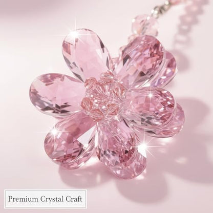 Pink Crystal Flower Car Charm for Women - Feng Shui Rearview Mirror Hanging Ornament - Crystal Bead Auto Interior Decor