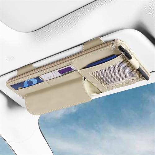 Car Visor Organizer, Multi-Pocket Sunvisor Storage with Sunglass Holder, Document Holder and Visor Card Clip, Fit for AUTO SUV & Truck, Leather Car Accessories Interior (Cream) - color: Cream