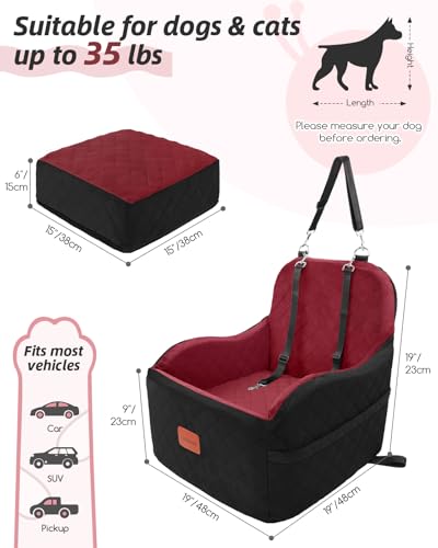 Lealchum Dog Booster Car Seat for Small/Medium Dogs,Puppy Portable Car Bed with Elevated Cushion,Fully Detachable and Washable,2 Storage Pockets,Easy to Install (Blakc/Red, Medium) - color: Blakc/Red