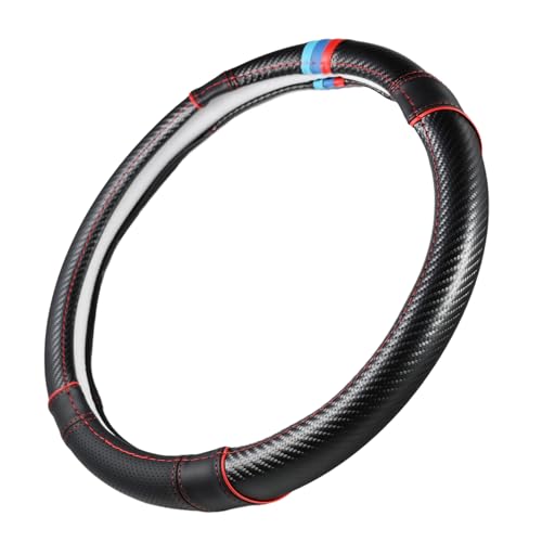 Carbon Fiber + Leather Steering Wheel Cover with Sporty Top Stripes, Non-Slip and Sweat Absorbent Universal fit 14 ½ to 15 inches SW for Most Car SUV Pickup - color: carbon pattern+black leather grip+stripes