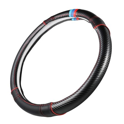 Carbon Fiber + Leather Steering Wheel Cover with Sporty Top Stripes, Non-Slip and Sweat Absorbent Universal fit 14 ½ to 15 inches SW for Most Car SUV Pickup - color: carbon pattern+black leather grip+stripes