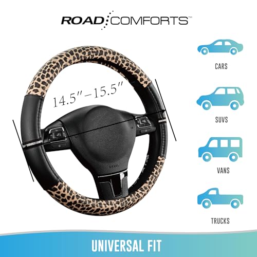 Road Comforts Leopard Steering Wheel Cover - Made with PVC Leather Cheetah Print - Anti-Slip, Universal Fit 14 1/2 inches to 15 inches - Black