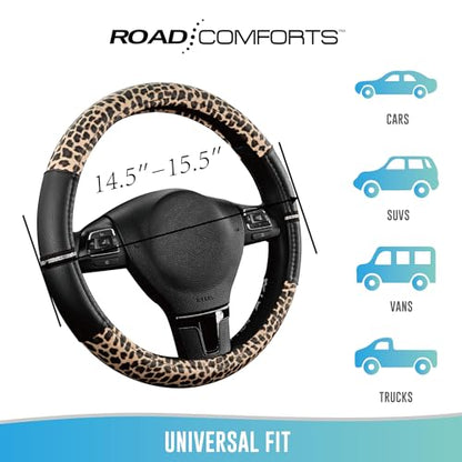Road Comforts Leopard Steering Wheel Cover - Made with PVC Leather Cheetah Print - Anti-Slip, Universal Fit 14 1/2 inches to 15 inches - Black