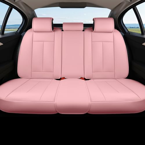 Coverado Rear Seat Covers for Cars, Waterproof Back Car Seat Cover, Pink Backseat Cover, Seat Back Protector for Kids, 3-Pieces Faux Leather Car Seat Cushion Universal Fit for Most Cars