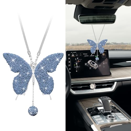 Bling Butterfly Diamond Car Accessories, Car Mirror Hanging Accessories, Crystal Rhinestone Auto Rear View Mirror Charms, Lucky Diamond Auto Hanging Ornament Pendant for All Cars (Light Blue) - color: Light Blue