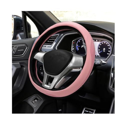 Car Steering Wheel Cover, Leather Breathable Ice Silk Auto Wheel Wrap with Anti-Slip Lining, Scratch-Resistant Elastic Protector Fit for 14.5-15 Inch Steering Wheels (Pink) - color: Pink