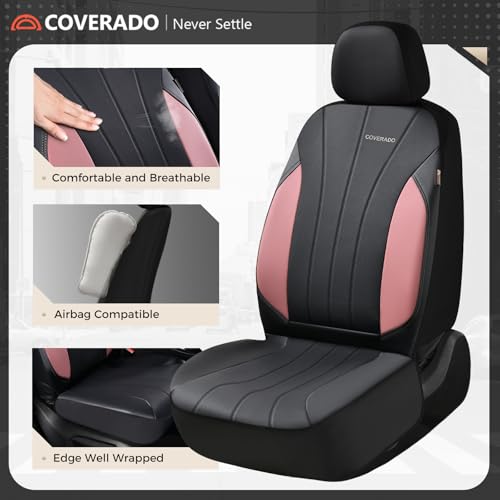Coverado Automotive Car Seat Covers, Luxury Seat Covers Full Set, Leather Car Seat Protectors with Storage Bags, Pink Driver Seat Covers Universal Fit for SUVs Trucks Sedans - color: Pink&Black