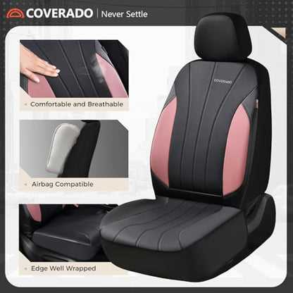 Coverado Automotive Car Seat Covers, Luxury Seat Covers Full Set, Leather Car Seat Protectors with Storage Bags, Pink Driver Seat Covers Universal Fit for SUVs Trucks Sedans - color: Pink&Black