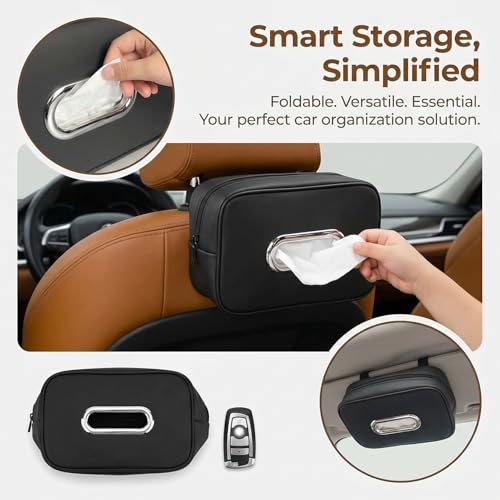 Compact Car Tissue Holder – Premium PU Leather Tissue Box, Fits 100 Sheets, Black Car Storage Organizer for Seat/Headrest/Center Console/Visor (Black) - color: Black