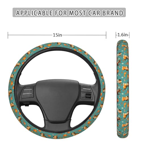 Cute Dogs Green Pattern Steering Wheel Cover for Women Men, Non-Slip Steering Wheel Protector Car Wheel Covers, Universal 15 Inch Fit for Auto, Suvs, Truck - color: Cute Dogs Green Pattern