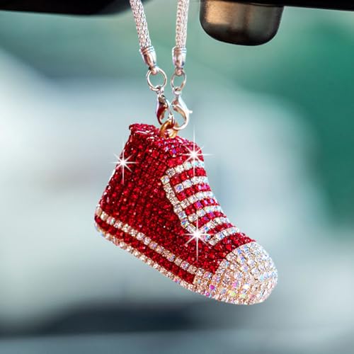 Bling Sneaker Shoe Sparkly Car Hanging Ornament, Cute Crystal Rear View Mirror Pendant, Diamond Rearview Mirror Charms, Lucky Car Interior Decor Accessories (Red) - color: Red