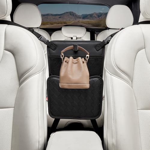 Purse Holder for Car,Car Purse Holder Between Seats,PU Leather Seat Back Organizer,Large Capacity Bag,Car Net Pocket Handbag Holder,Pet Barrier(Black)