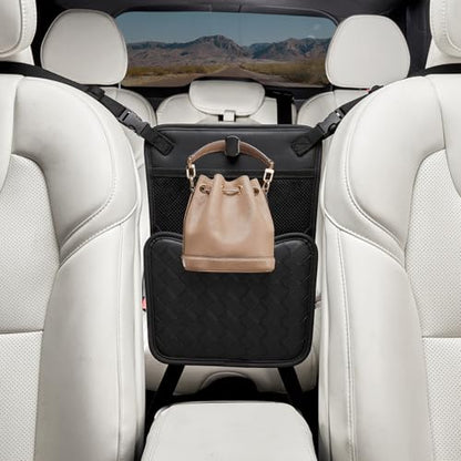 Purse Holder for Car,Car Purse Holder Between Seats,PU Leather Seat Back Organizer,Large Capacity Bag,Car Net Pocket Handbag Holder,Pet Barrier(Black)