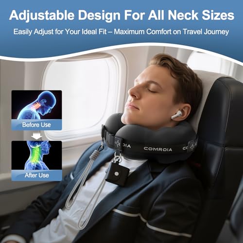 Travel Neck Pillow for Airplane Sleeping – 360° Head Support Prevents Bobbing, 100% Memory Foam Ergonomic Neck Cushion with No-Case-Needed Carry Strap for Long Flights & Car – Washable Cover (Black)