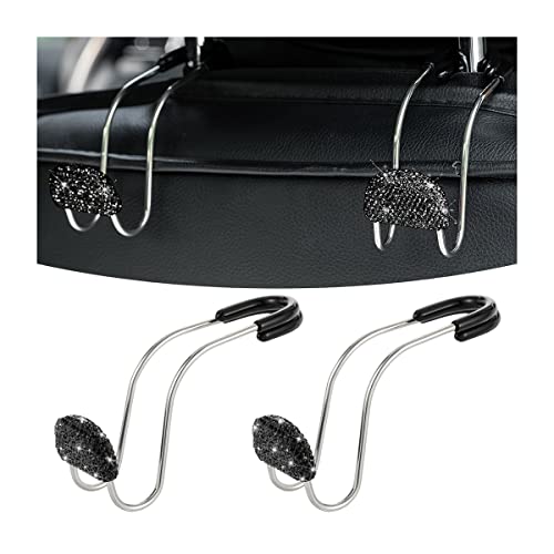 Car Headrest Hook, 2 Pack Bling Backseat Organizer Hanger for Purse Clothes Grocery Bag, Rhinestones Auto Headrest Storage Holder, Universal Car Seat Accessories for Most Vehicle (Black) - color: Black