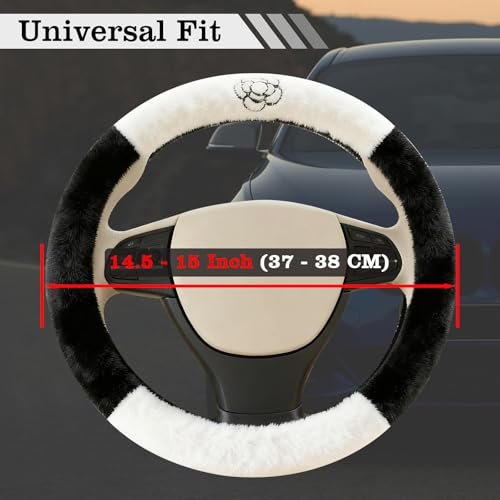 Camellia Flower Plush Steering Wheel Cover, Universal 14.5-15 Inch Winter Plush Warm Steering Wheel Cover, Soft Fluffy, Anti-Slip Design, Soft Texture (Black+White) - color: Camellia Flower