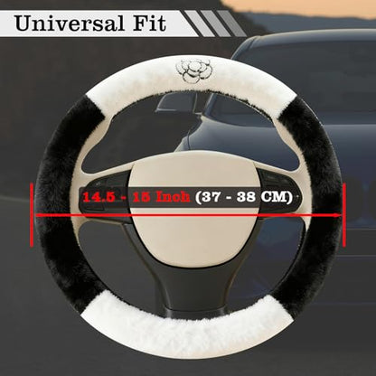 Camellia Flower Plush Steering Wheel Cover, Universal 14.5-15 Inch Winter Plush Warm Steering Wheel Cover, Soft Fluffy, Anti-Slip Design, Soft Texture (Black+White) - color: Camellia Flower