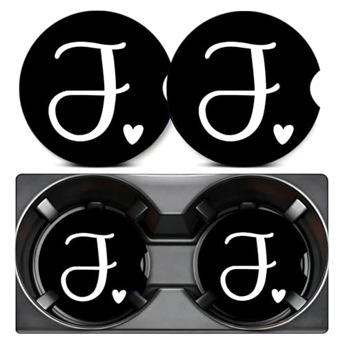 2PCS Letter J Car Cup Holder Coasters,Simple Initial Car Coasters Cars Accessories Interior Decor Universal Neoprene 2.75" Anti-Slip Rubber Mat with Finger Slot,Monogram Gifts for Women, Men, Driver - color: Initial J