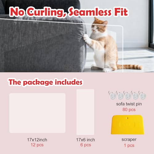 Anti Cat Scratch Furniture Protector - 18-Pack Transparent Furniture Protectors from Cat Claws Easy-Apply Scratching Deterrent and Shield for Sofa Corners, Walls, Doors- with 80 Twist Pins