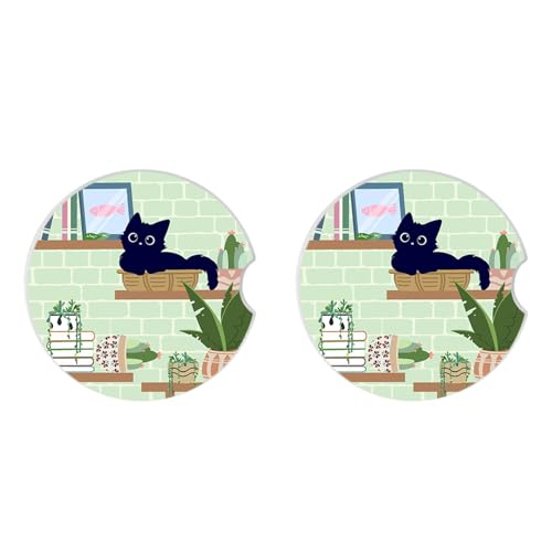 Ceramic Cup Holders Car Coasters Set for Women/Men,Drink Cup Car Holder Coasters with A Finger Notch 2.56" Pack of 2（Cute Black Cat 2） - color: Black Cat 2