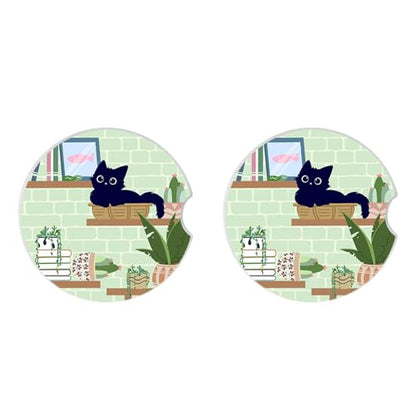 Ceramic Cup Holders Car Coasters Set for Women/Men,Drink Cup Car Holder Coasters with A Finger Notch 2.56" Pack of 2（Cute Black Cat 2） - color: Black Cat 2