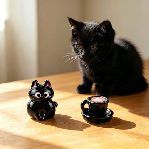 Cute Black Cat Coffee Phone Buddy - 2PCS Resin Mini Figurines, Adhesive Peel-and-Stick Decor for Kindle Cellphone Car Dashboard, Office Desk, Fun Tiny Critters Accessories - style: Black Cat Coffee