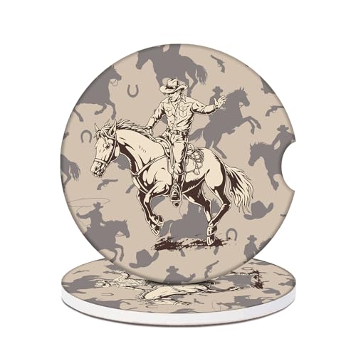 Western Cowboy Car Coasters for Cup Holders, 2 Pack Absorbent Ceramic Car Cup Coasters Interior Accessories 2.56 Inch for Women Men - color: Western Cowboy