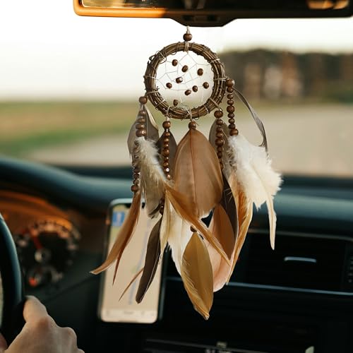 Mini Dream Catcher for Car Rear View Mirror Accessories - Handmade Small Brown Dreamcatchers Boho Car Charm Interior Decor, Native Ameican Indian Hanging Ornament Room Decor - color: Dark Brown