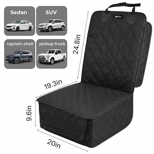 Front Seat Dog Cover for Car SUV Truck, Waterproof 600D Oxford Cloth Pet Seat Protector with Side Flaps, Durable Dog Seat Cover Front Passenger for Bucket Seat/Captain Chair, Full Protection (Black)