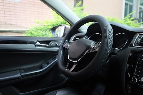Leather Steering Wheel Cover Compatible with Volkswagen VW Tiguan Atlas ID.4 Taos Golf Passat Jetta Polo Beetle Touareg Cross Sport D Shaped Steering Wheel Accessories, Black 2026