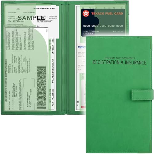 Auto Insurance and Registration Card Holder - Vehicle Glove Box Document Organizer - Car Essential Paperwork Holder for DMV, AAA, Contact Information Cards - Premium PU Leather Wallet Case - Green - color: Green