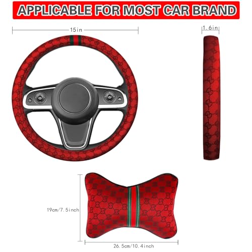 5PCS Steering Wheel Cover, with 2 Headrests, 2 Seat Belt Covers - Universal Fit for 14.5-15" Steering Wheel, Enhances Driving Experience - Perfect for Women (Red) - color: Red